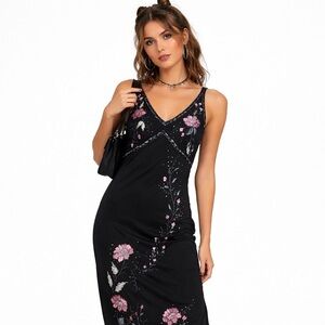 Vintage 90s Size 10 Floral Beaded Embroidered Evening Dress whimsigoth fairy